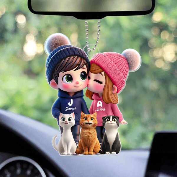 3D Effect Cute Cartoon Couple And Cats Personalized Car Ornament, Perfect Gift for him, Gift for her on Sale - Image 2