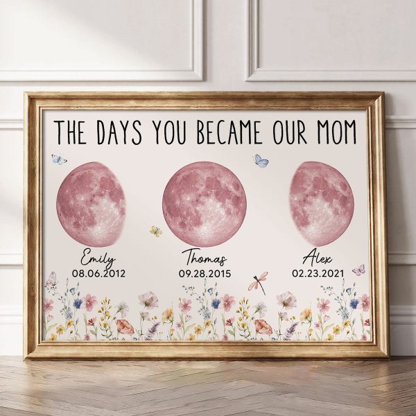 Wild Flowers The Day You Become Mom Grandma Custom Pink Birthday Moon Phase Personalized Poster Online