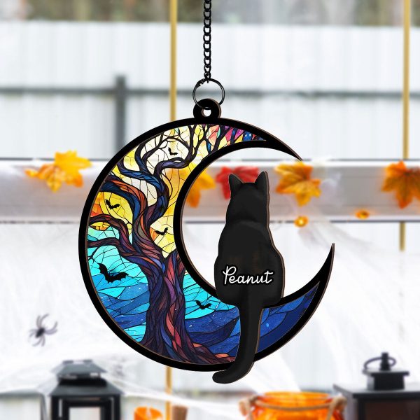 Cats On Moon Personalized Window Hanging Suncatcher, Halloween Decor For Cat Lovers Discount - Image 3