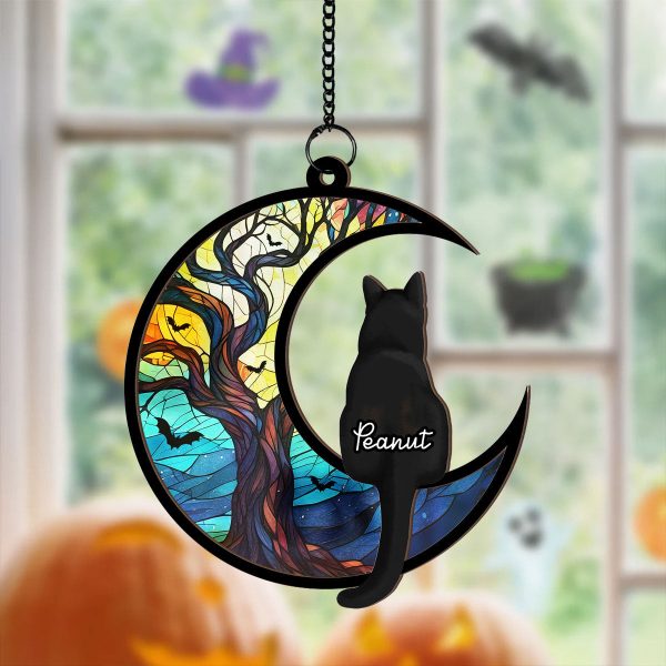Cats On Moon Personalized Window Hanging Suncatcher, Halloween Decor For Cat Lovers Discount