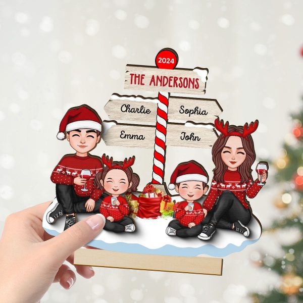 Cute Family Dad Mom Kids Sitting Christmas North Pole Personalized 2-Layer Standing Wooden Plaque Hot on Sale - Image 4