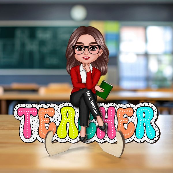Doll Teacher Sitting On Text Dalmatian Dot Personalized 2-Layer Wooden Plaque, Back To School Gift For Discount - Image 4