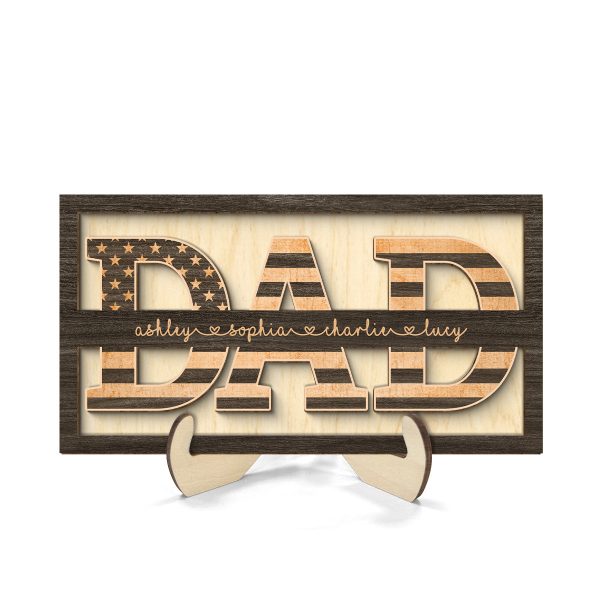 Dad Nation Flag With Kids Names Personalized 2-Layer Wooden Plaque Online Sale