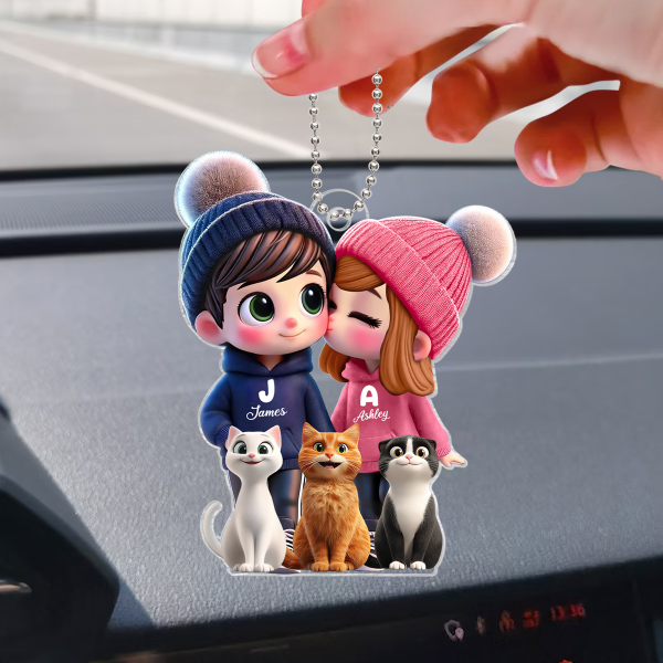 3D Effect Cute Cartoon Couple And Cats Personalized Car Ornament, Perfect Gift for him, Gift for her on Sale - Image 4