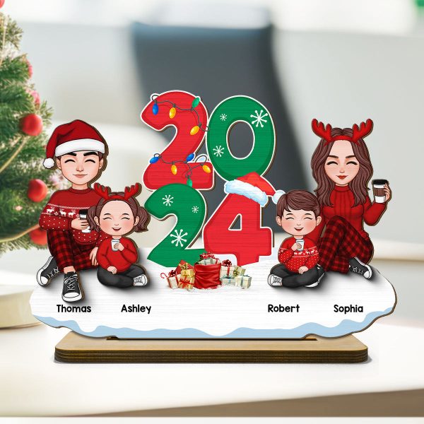 Cute Family Dad Mom Kids Sitting By 2024 Christmas Personalized 2-Layer Standing Wooden Plaque For Cheap