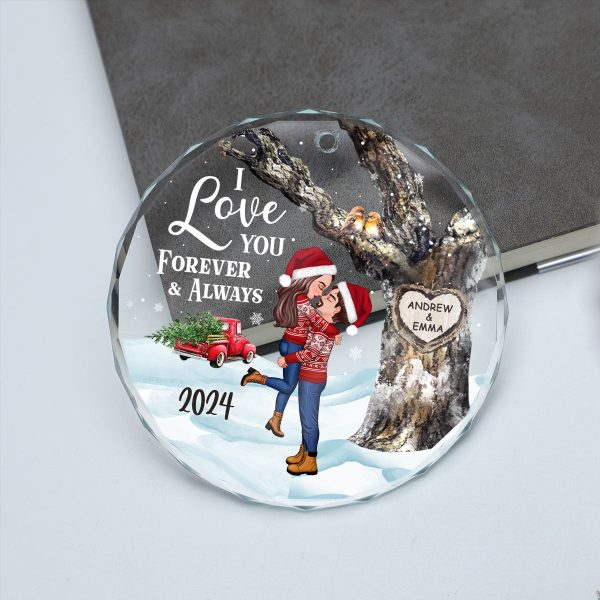 Couple Hugging Kissing Carved Heart Tree Personalized Glass Ornament, Christmas Gift For Him, For Her on Sale - Image 5