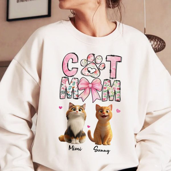 Cat Mom Pink Coquette Personalized Shirt, Cartoon Cute Cat, Gift for Cat Moms For Sale - Image 3