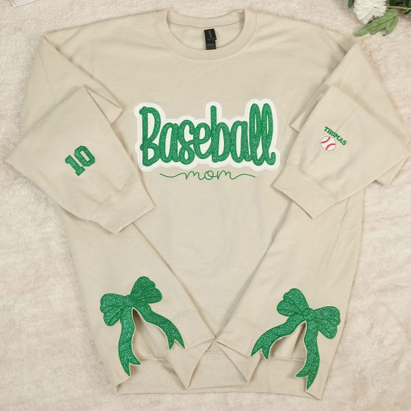 [Premium Glitter Embroidery] Personalized Baseball Mom Sweatshirt with Side Bow - Heartfelt Mother s Day Gift for Mom & Grandma on Sale