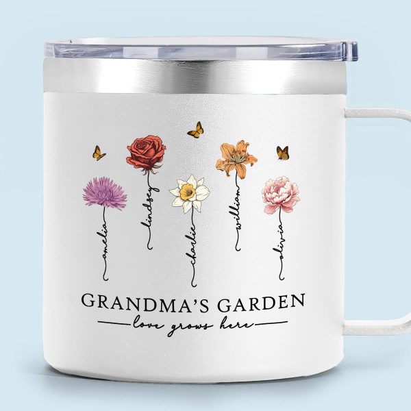 Grandma s Garden Love Grows Here Beautiful Birth Month Flower Personalized Stainless Tumbler With Handle For Cheap