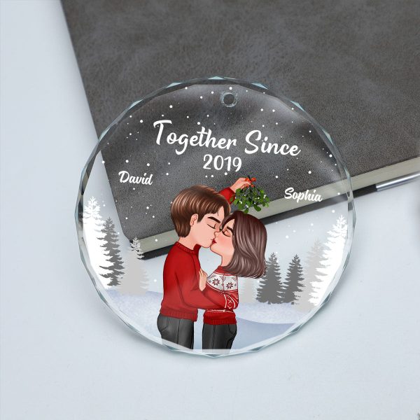 Couple Kissing Under Mistletoe Christmas Night Personalized Glass Ornament Online now - Image 4
