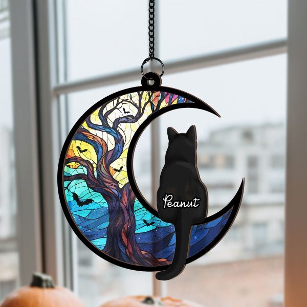 Cats On Moon Personalized Window Hanging Suncatcher, Halloween Decor For Cat Lovers Discount - Image 2
