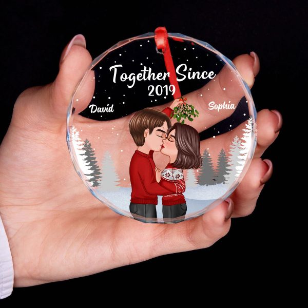 Couple Kissing Under Mistletoe Christmas Night Personalized Glass Ornament Online now - Image 3