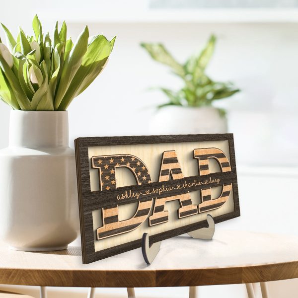 Dad Nation Flag With Kids Names Personalized 2-Layer Wooden Plaque Online Sale - Image 3