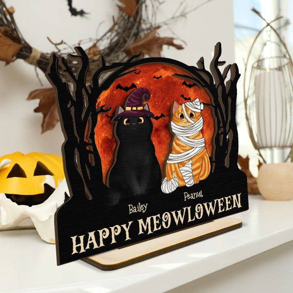Stay Spooky Halloween Moon Scene Cat Lover Tabletop Tier Tray Decor Personalized 2-Layer Standing Wooden Plaque Online now - Image 3
