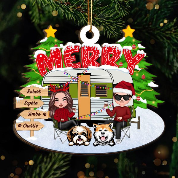 Couple And Dogs Camping Merry Christmas Personalized Wooden Ornament Discount - Image 2