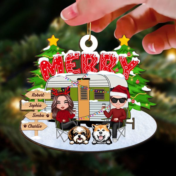 Couple And Dogs Camping Merry Christmas Personalized Wooden Ornament Discount - Image 3