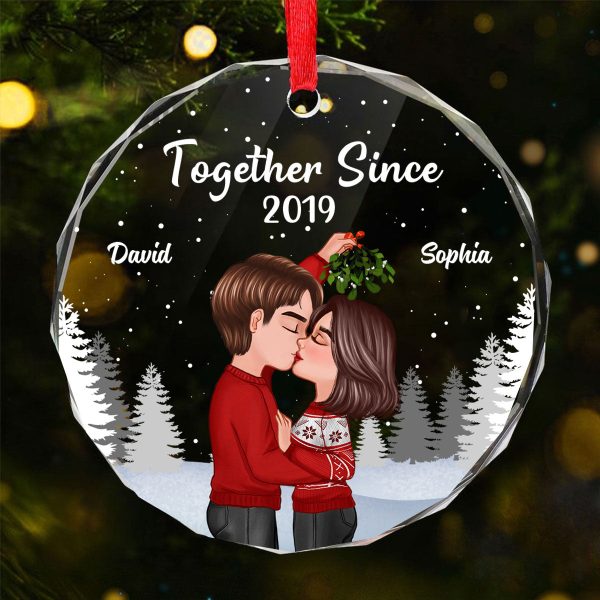 Couple Kissing Under Mistletoe Christmas Night Personalized Glass Ornament Online now