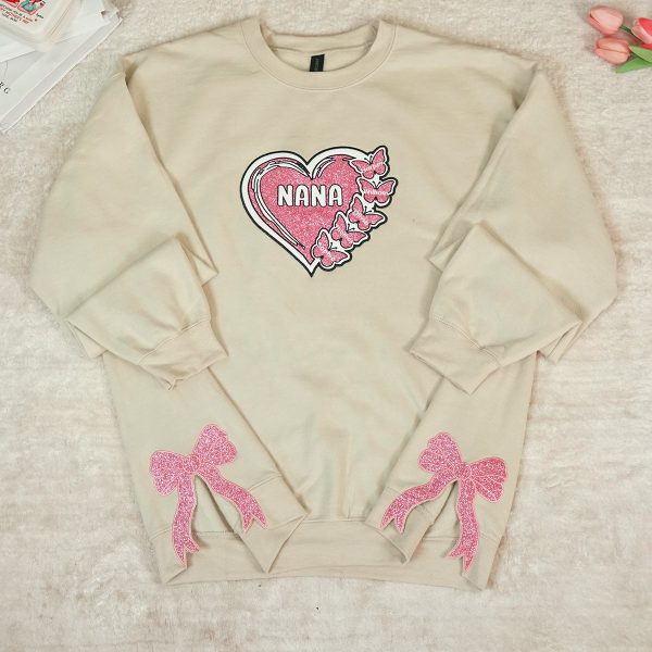 [Premium Glitter Embroidery] Personalized Nana Heart & Butterfly Sweatshirt with Side Bow – Heartfelt Mother s Day Gift for Mom & Grandma Sale