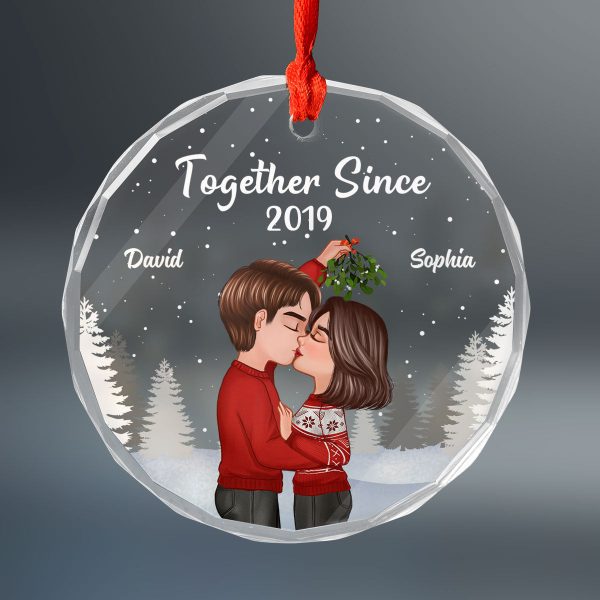 Couple Kissing Under Mistletoe Christmas Night Personalized Glass Ornament Online now - Image 2