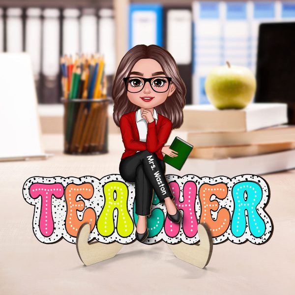 Doll Teacher Sitting On Text Dalmatian Dot Personalized 2-Layer Wooden Plaque, Back To School Gift For Discount
