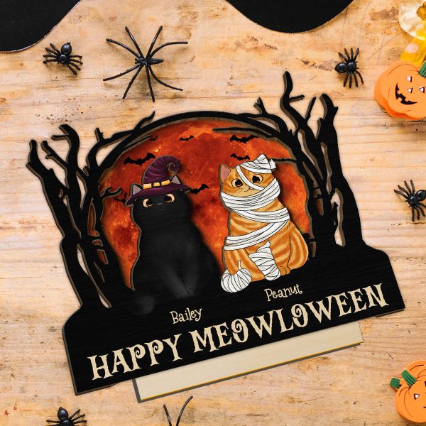 Stay Spooky Halloween Moon Scene Cat Lover Tabletop Tier Tray Decor Personalized 2-Layer Standing Wooden Plaque Online now - Image 5