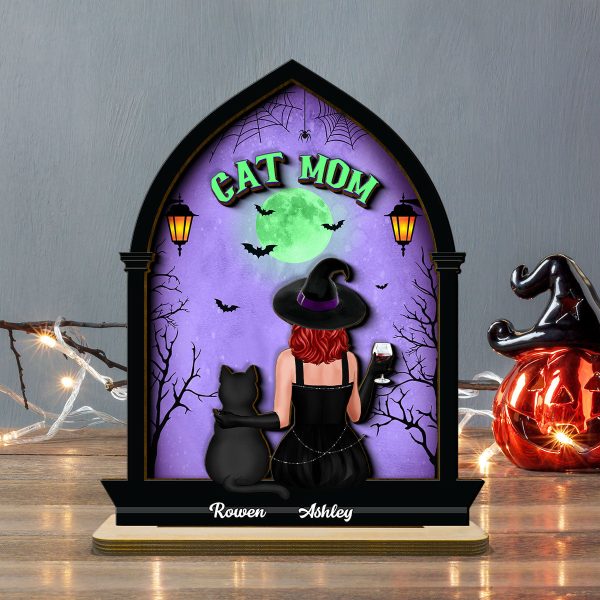 Halloween Witch and Cats Gothic Window Shaped Personalized 2-Layer Wooden Standing Plaque Online