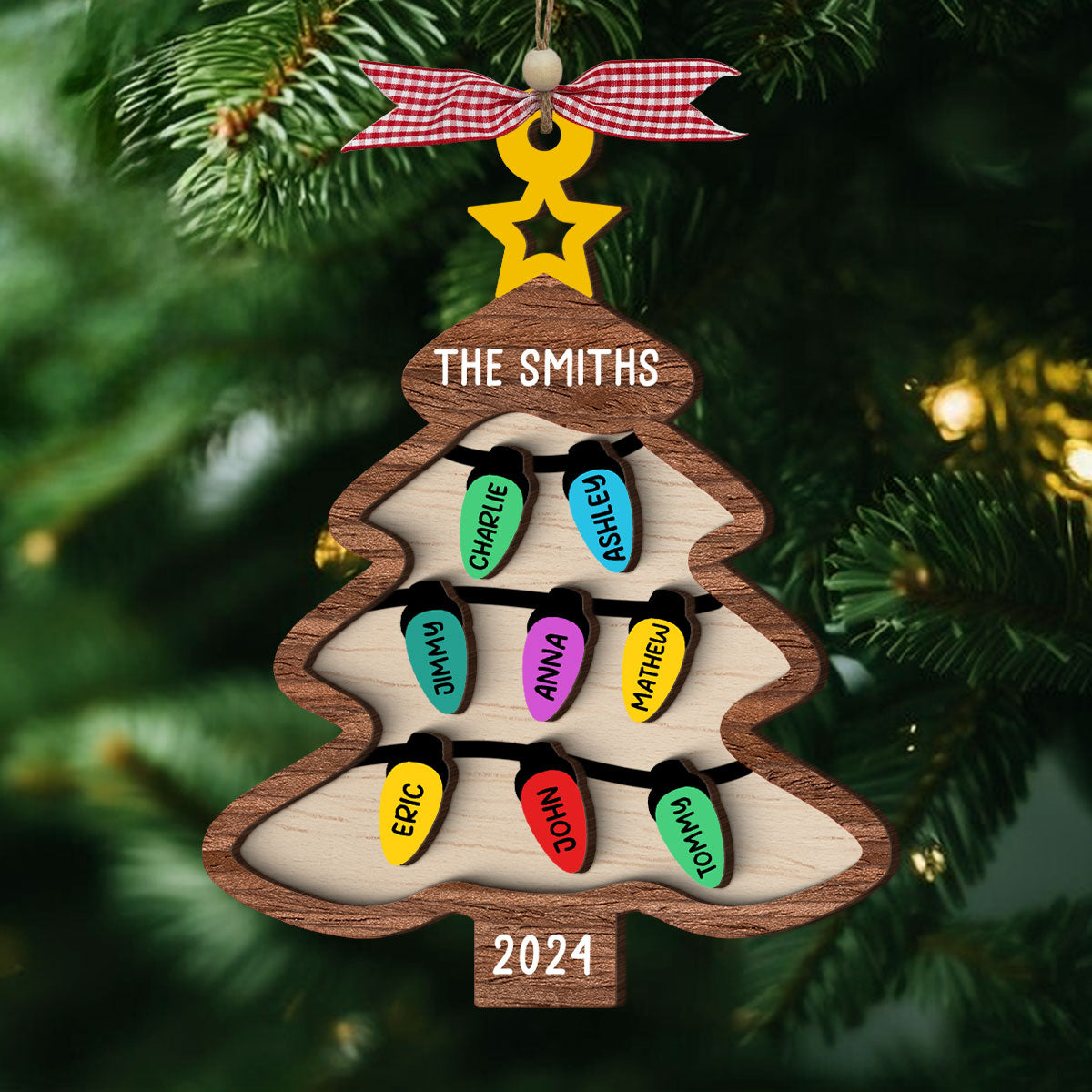 Family Christmas Tree Light Personalized Wooden Ornament, Family Christmas Gifts, Large Family Gift, Grandparent Gift Online Sale