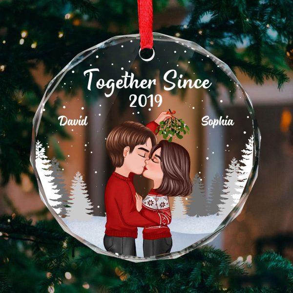Couple Kissing Under Mistletoe Christmas Night Personalized Glass Ornament Online now - Image 5