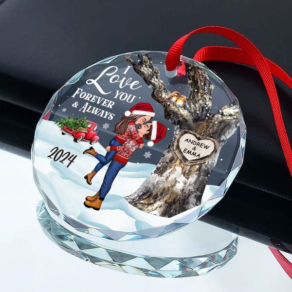 Couple Hugging Kissing Carved Heart Tree Personalized Glass Ornament, Christmas Gift For Him, For Her on Sale - Image 4