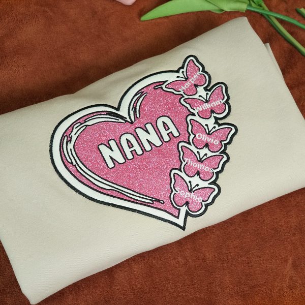 [Premium Glitter Embroidery] Personalized Nana Heart & Butterfly Sweatshirt with Side Bow – Heartfelt Mother s Day Gift for Mom & Grandma Sale - Image 5
