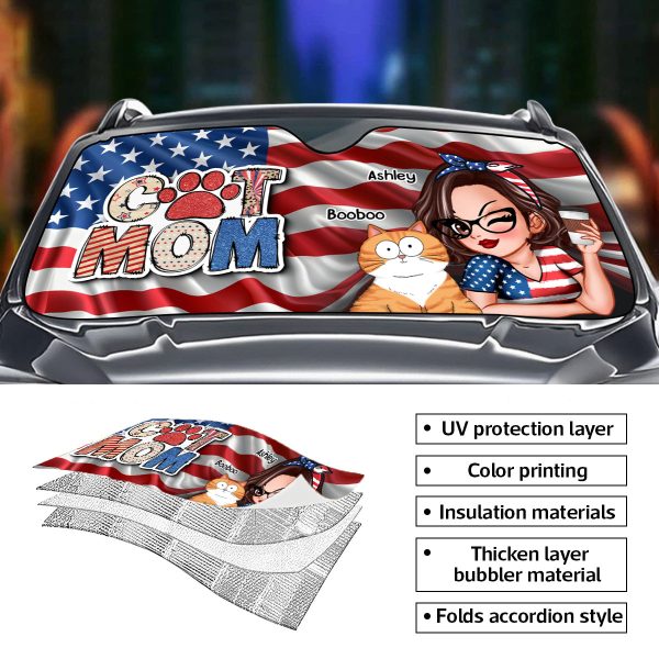 Cat Mom 4th of July America Sparkly Pattern Personalized Car Sunshade, Independence Day Supply - Image 5