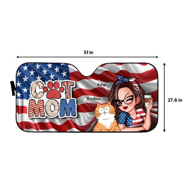 Cat Mom 4th of July America Sparkly Pattern Personalized Car Sunshade, Independence Day Supply - Image 4