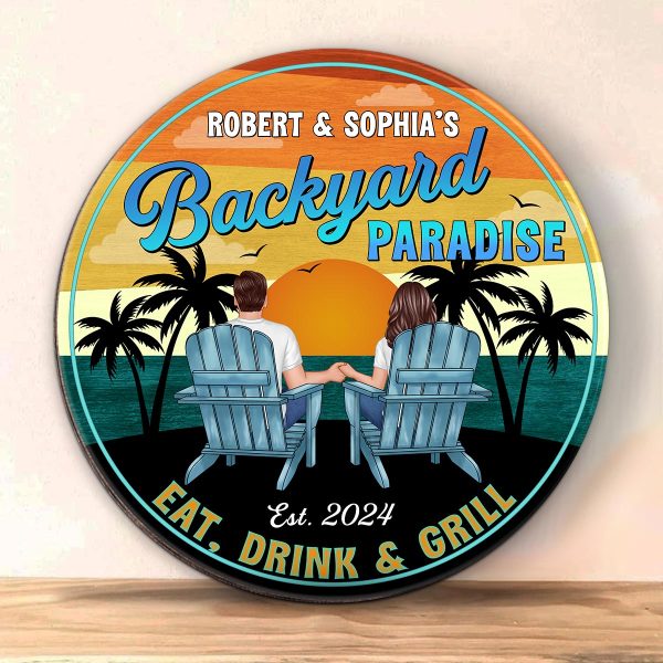 Vintage Backyard Paradise Couple Sitting Personalized Wood Sign, Housewarming, Birthday, Anniversary Gift for Him, Her For Discount - Image 5