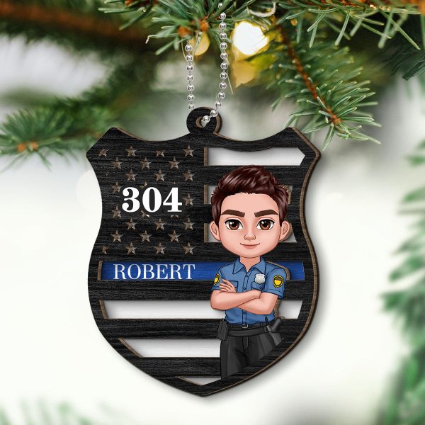 Police Thin Blue Line Badge Christmas Personalized 2-Layer Wooden Ornament, Office Decor, Appreciation Gift, Christmas Gift For Law Enforcement Hot on Sale