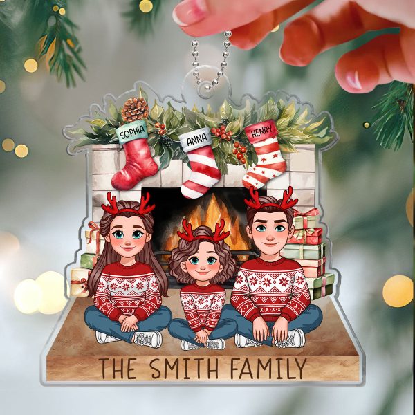 Animated Family Sitting At Christmas Fireplace Personalized Acrylic Ornament Fashion - Image 4