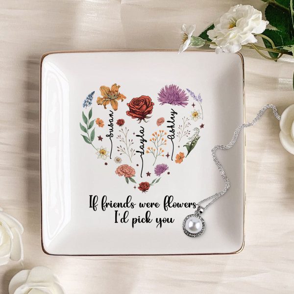Birth Month Flowers Sisters Besties Friends Heart Personalized Jewelry Dish For Discount