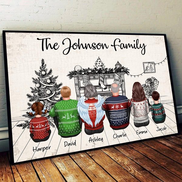 Sketch Background Christmas Family Back View Sitting Together At Fireplace Personalized Poster Hot on Sale