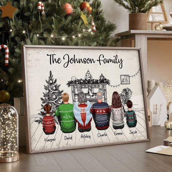 Sketch Background Christmas Family Back View Sitting Together At Fireplace Personalized Poster Hot on Sale - Image 4