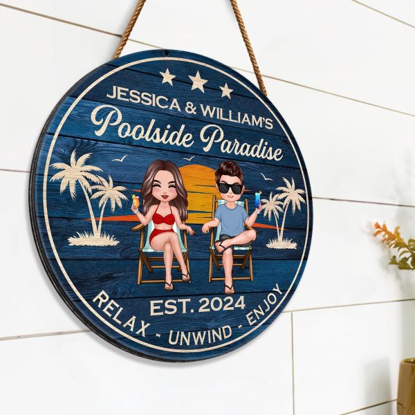Doll Couple Sitting Poolside Paradise Personalized Wood Sign Hot on Sale - Image 2