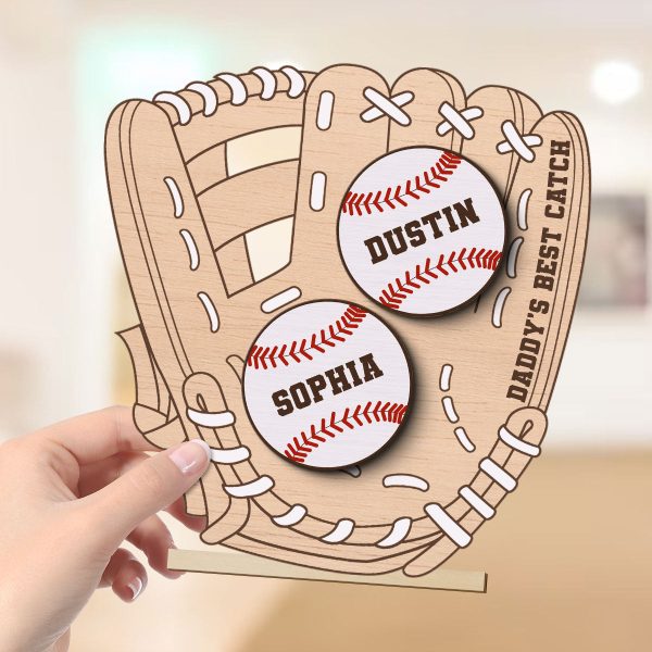 Daddy‘s Best Catch Kids Names In Baseball Glove Personalized 2-Layer Standing Wooden Plaque Online now - Image 4