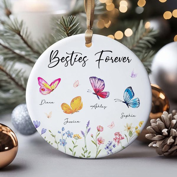 Besties Sisters Grandma Mom Beautiful Butterflies Personalized Circle Ceramic Ornament Hot on Sale