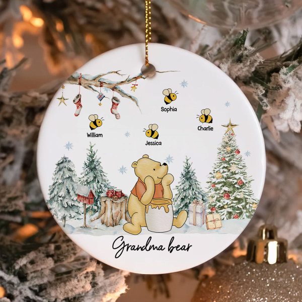 Grandma Bear Cute Grandkids Names Personalized Circle Ceramic Ornament, Christmas Gift on Sale - Image 2