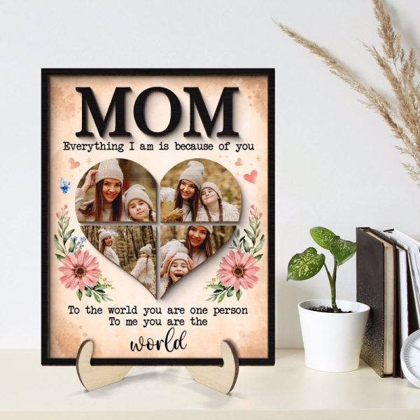 Mom You Are The World Photo Collage Personalized 2-Layer Wooden Plaque Online Sale - Image 2