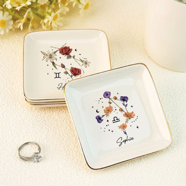 Zodiac Sign Birth Month Flower Personalized Jewelry Dish, Gifts For Friends, Daughter, Birthday Gifts Cheap - Image 3