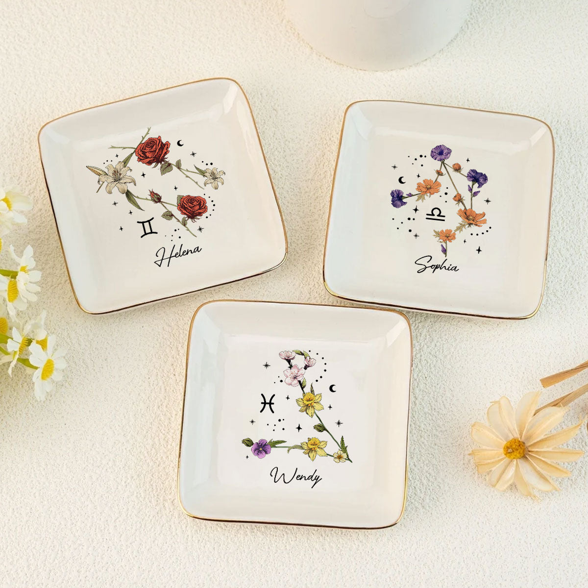 Zodiac Sign Birth Month Flower Personalized Jewelry Dish, Gifts For Friends, Daughter, Birthday Gifts Cheap