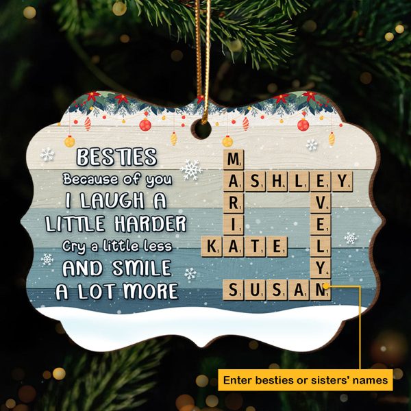 Besties Sisters Smile A Lot More Crossword Puzzle Art Personalized Wooden Ornament, Christmas Gift for Best Friends, Sisters on Sale