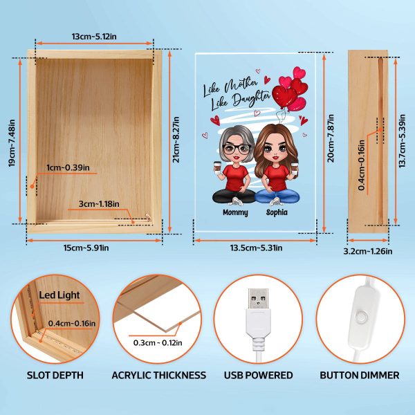 Red Hearts Like Mother Like Daughters Doll Mom And Daughters Sitting Personalized Wooden Frame Light Box For Discount - Image 5