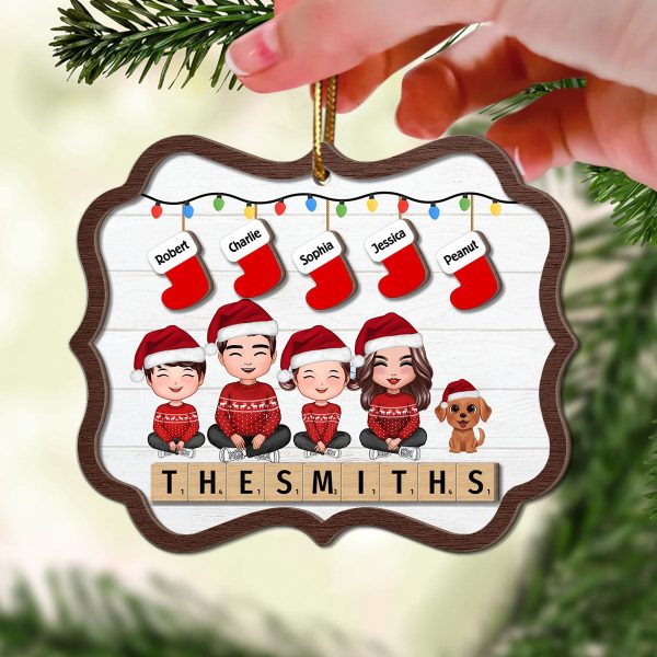 Family Sitting Christmas Stocking Wooden Blocks Personalized 2-Layer Wooden Ornament Discount - Image 3