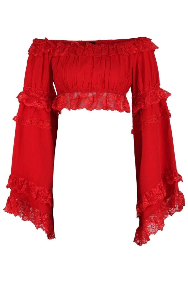 Red Smocked Flare Sleeve Peasant Top Hot on Sale